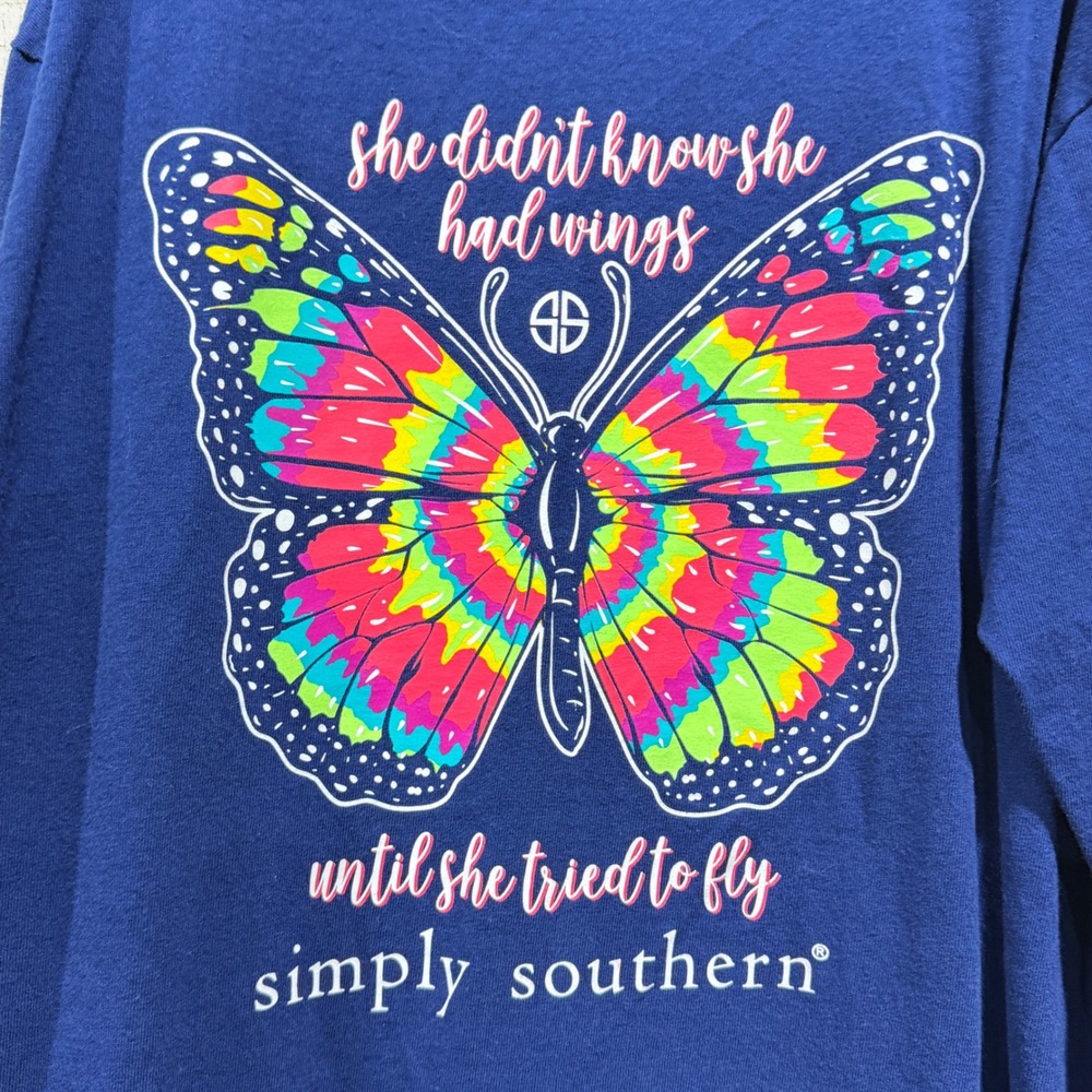 Simply Southern Long Sleeve Shirt Girls L Blue Butterfly Wings Preppy EUC